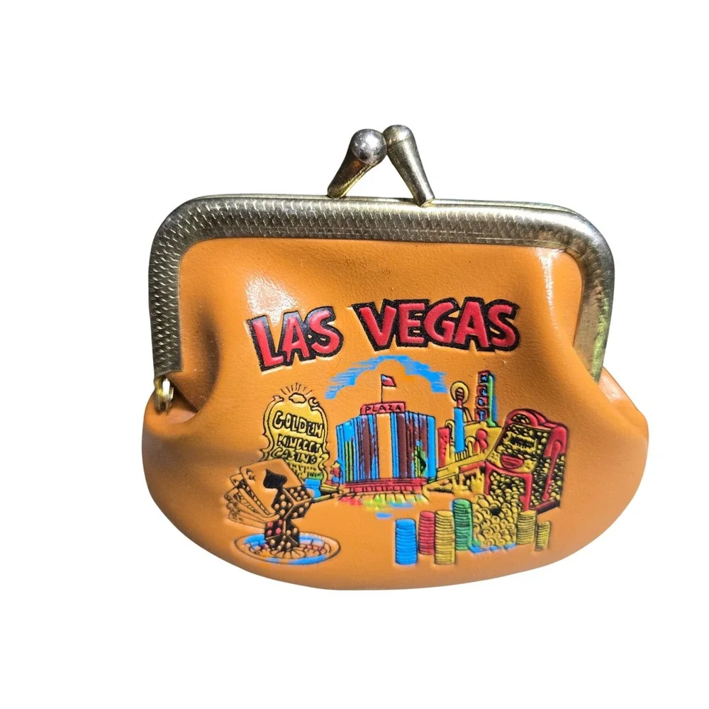 Vintage Las Vegas Casino Souvenir Orange Vinyl Coin Purse Brass Kiss Clasp Pouch